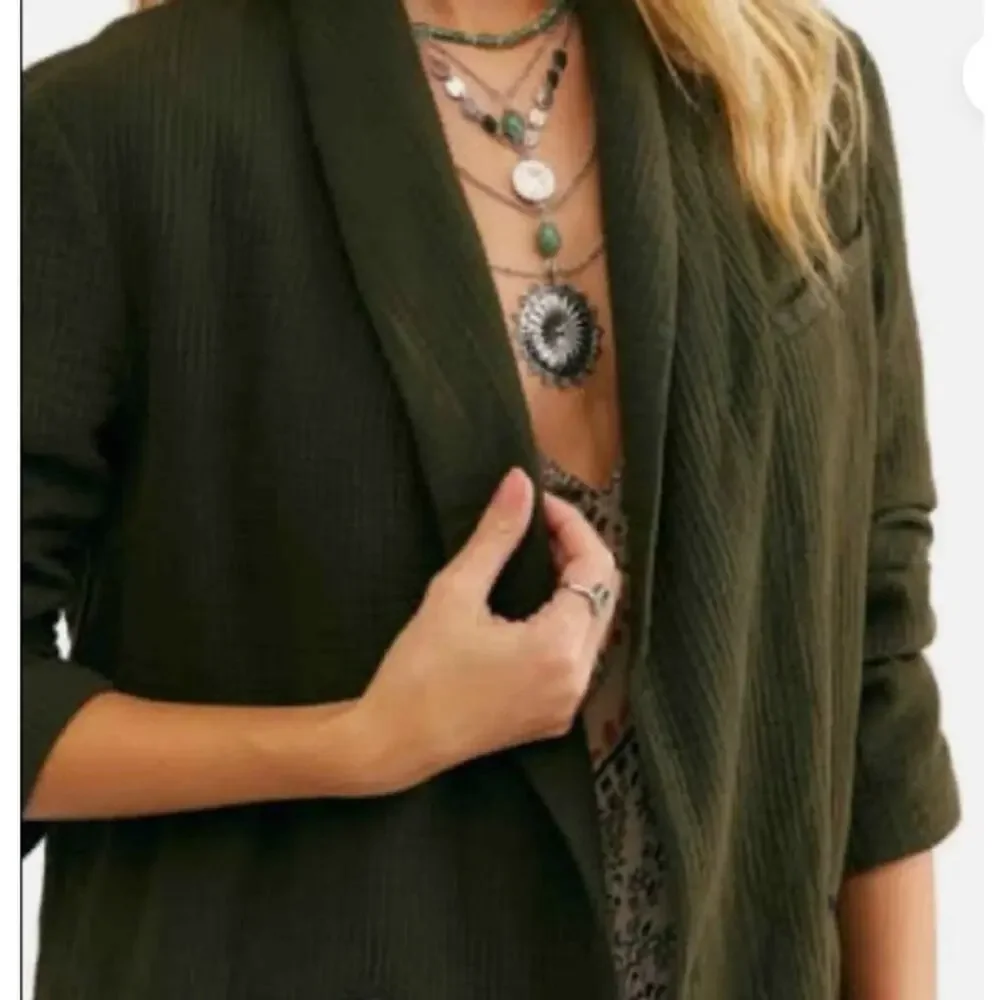 Free People Rowan Crinkled Cotton Blazer Womens S Deep Army Green Boho Chic Soft